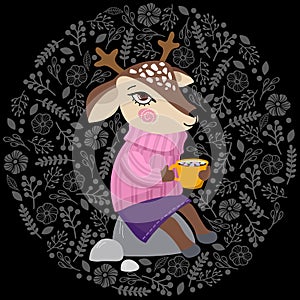 Deer with a Cup of coffee with marshmallows sitting on a stone in a cozy sweater .